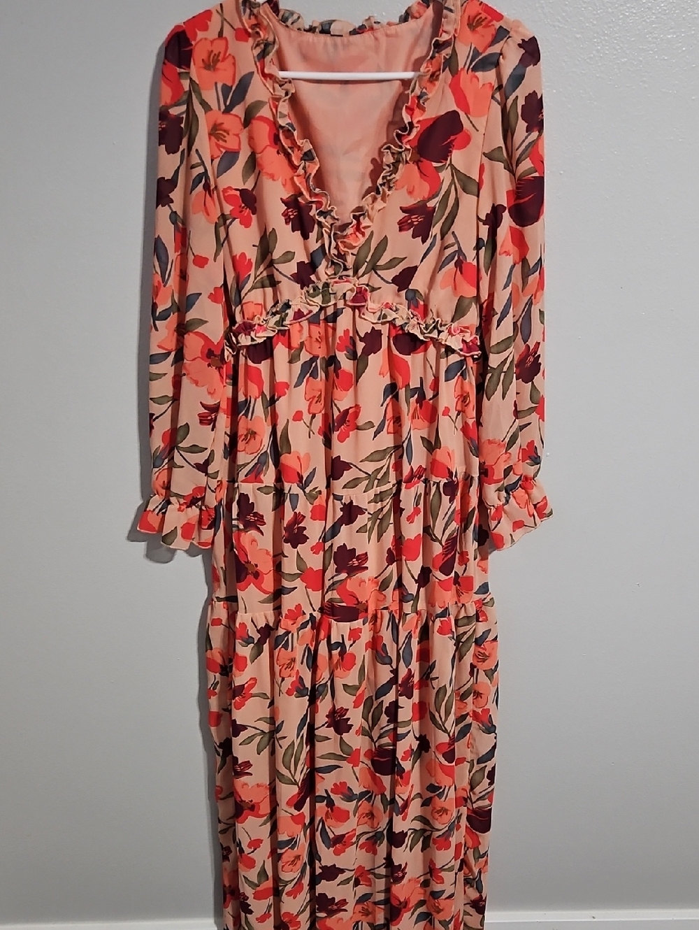 Peach Floral Ruffle V-Neck Maxi Dress